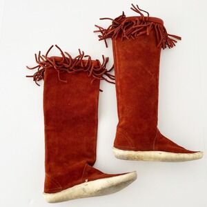 Suede Fringe Boots 1970s Knee High Moccasins